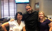 Nicole Delacruz, Stephen Tripodi, and Katie Morphonios at dinner
